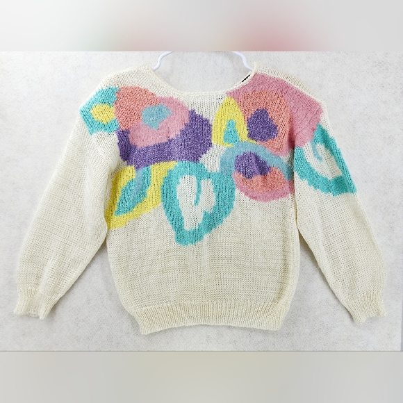 Ginenne VTG 80s Wool Angora Blend Pastel Knit Sweater Womens Medium Crew Neck - Picture 9 of 9
